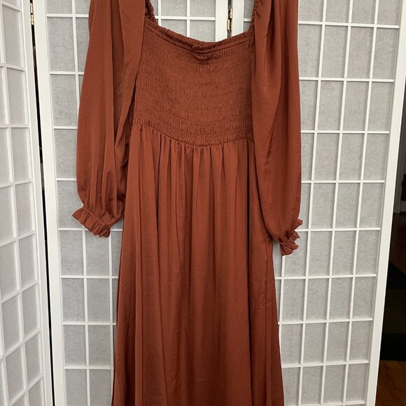 Gap Smocked Midi Dress LP - Saddle Brown - Picture 4 of 8